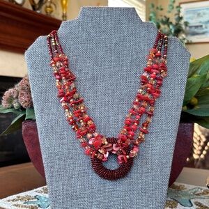 Vintage Red Coral Shell Chip Bead Multi-Strand Necklace Round Seed Bead Pendant